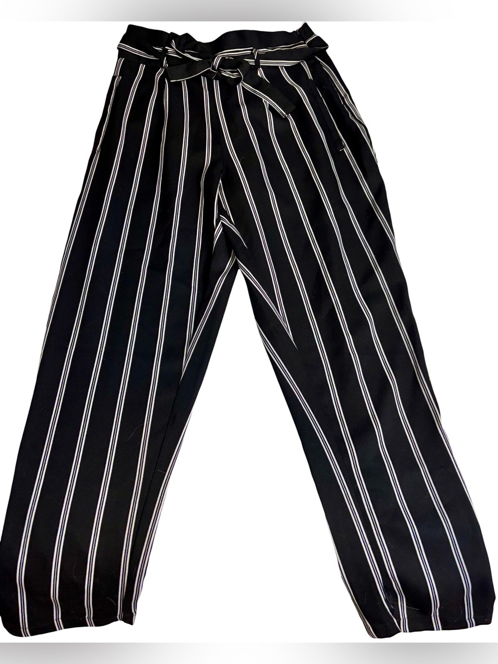 Women’s Black Pinstripe Paperbag Waist Trousers with Tie